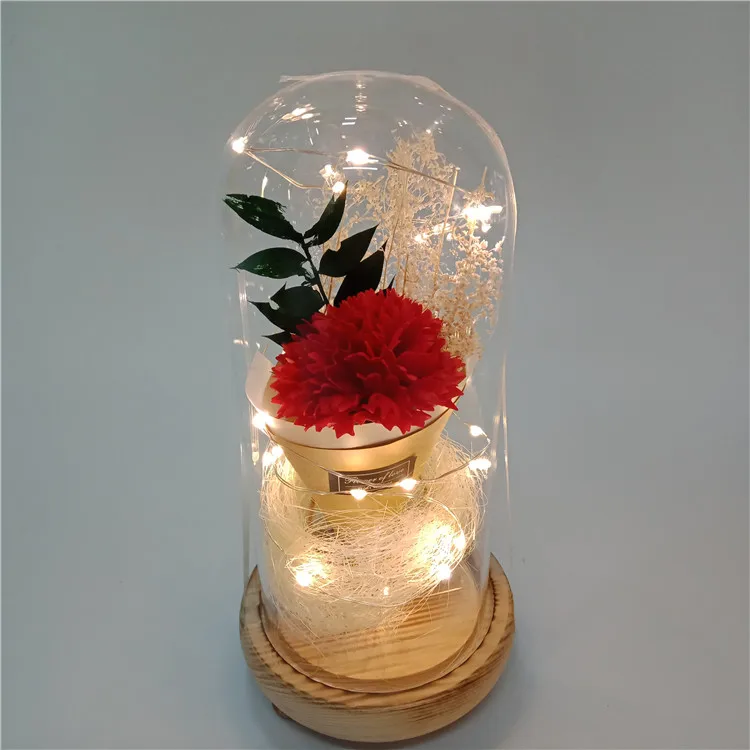 Red series preserved rose in glass dome carnation artificial flowers artificial in glass dome with led light gift for festival