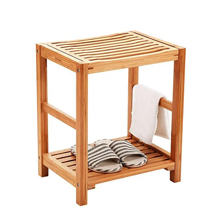 Bathroom accessory bamboo shower bench with storage shelf