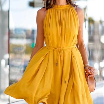 cz39302a New style comfortable summer dress for fat woman solid color pleated skirt woman dress summer 2023