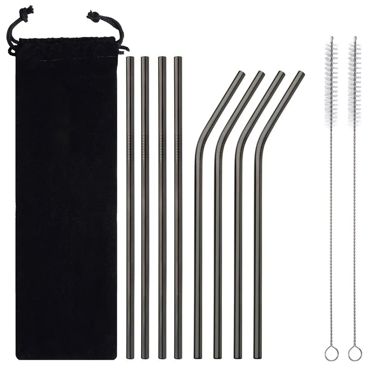 Reusable Stainless Steel 18/8 Cocktail Drinking Straws Metal Straw Cleaning Brush