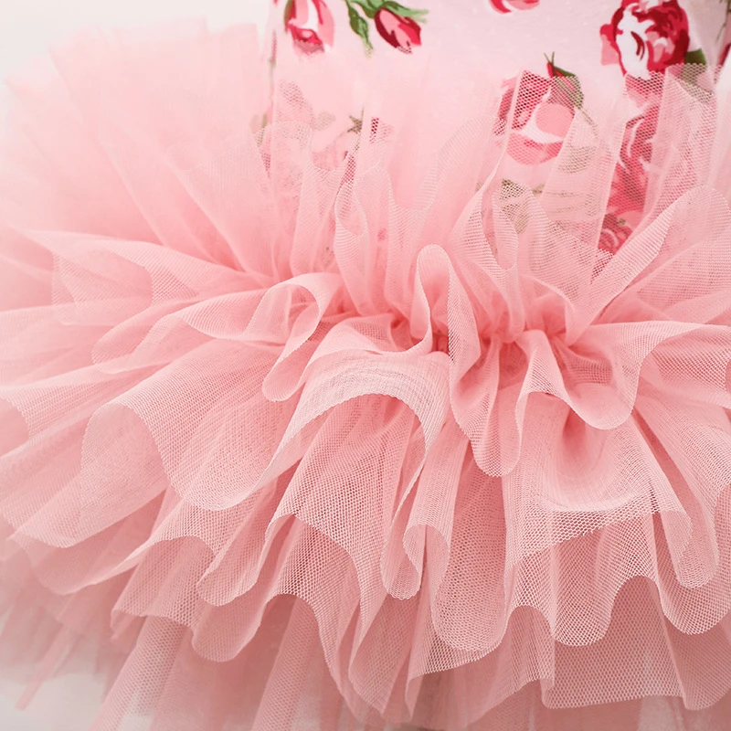 Wholesale Baby Girl Floral Printed Sleeveless Dresses Layers Tutu Lace Dress Tulle Flower Girl Dress