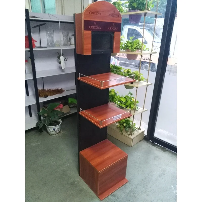 Custom store floor standing wood Whisky alcohol bottle display shelf stand cabinet