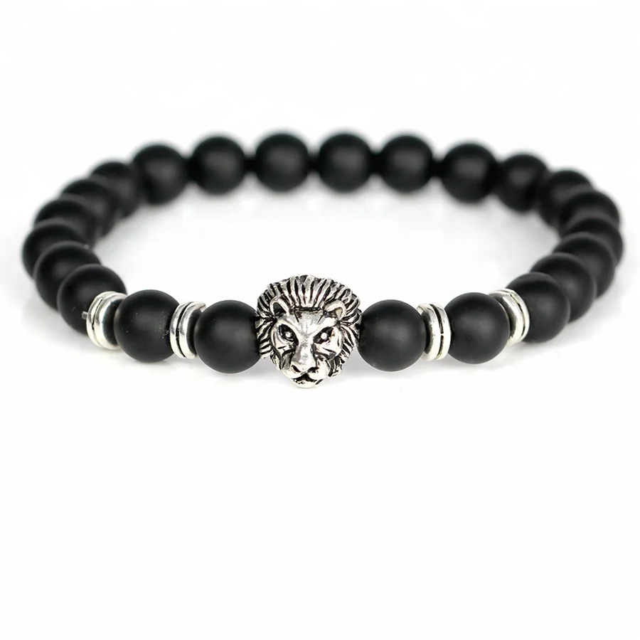 New Arrival ! Cubic Zircon Micro Lion Head Charms Bracelet ,Women Men Natural Lava Stone Matte Agate Bead Handmade Bracelet