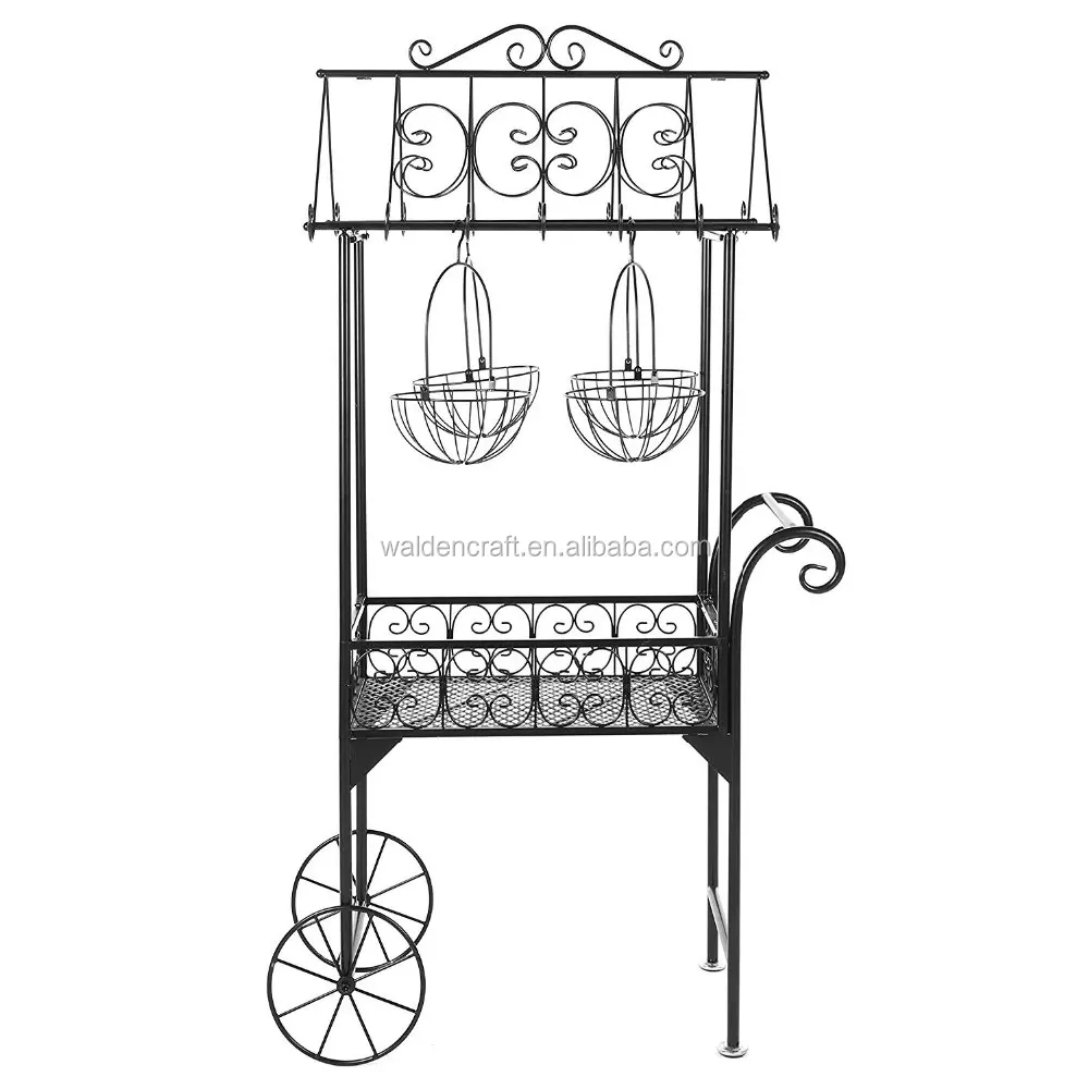 Large black metal freestanding scrollwork french trolley cart plant stand with hanging flower pot baskets