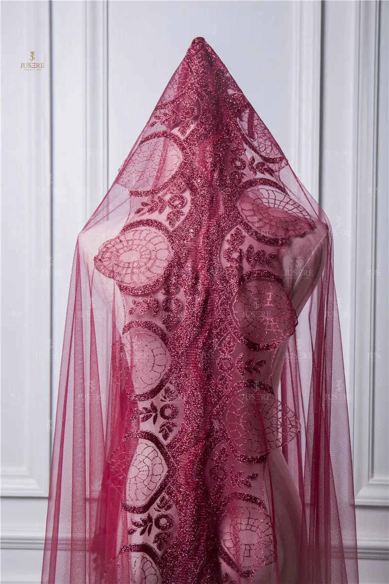 Red Long Cathedral Bridal Wedding Veil With Lace Pattern on Center and Hemline Red Veil Costume