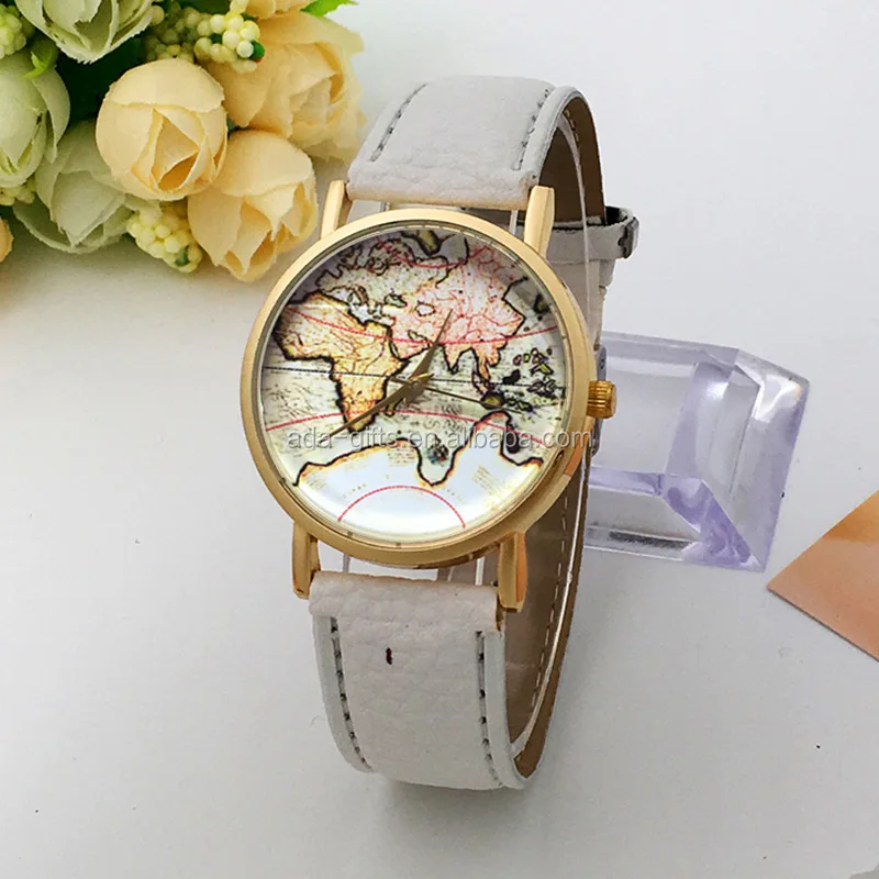 Fashion world map watch big dial watch pu leather band watches