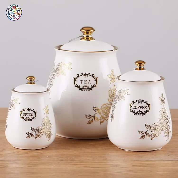 Exquisitely handmade health safety white gold color ceramic tea coffee sugar cookie jar to saving food