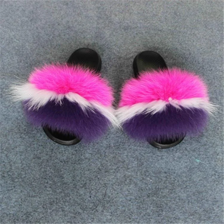 hot selling mixed colour real fox fur sandals wholesale fur slippers