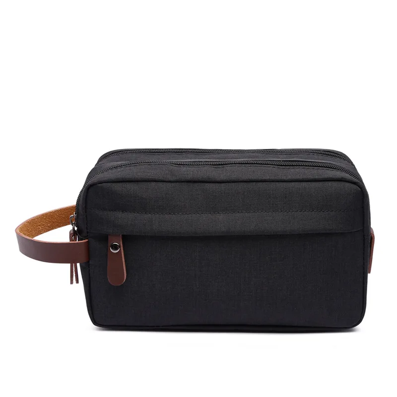 Travel traditional doppsac double zipper canvas mens toiletry bag shaving dopp case dopp kit bag with leather handle