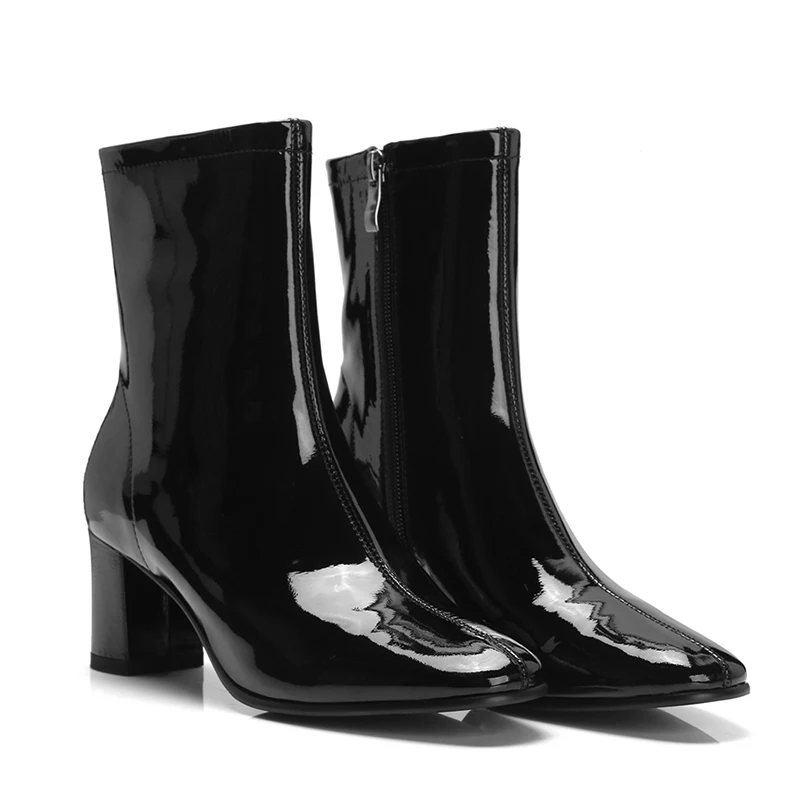 OEM Shoes Patent Leather Fetish Sexy Block Heels Booties Mature Lady Leather Boot Fashion Black Winter Ladies Ankle Boots Women