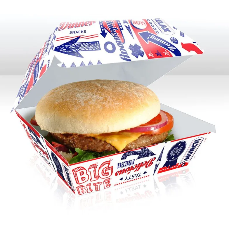Customized OEM Fast Food Packaging CMYK Printed White mini bagasse burger box