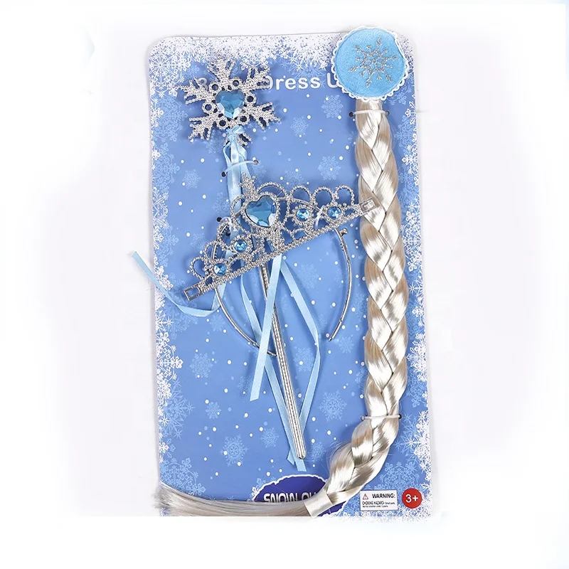 Party cosplay 4 pieces fashion frozen elsa queen magic wand Elsa crown tiara snow wig with printed gloves sets