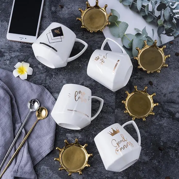 
Nordic Creative Light Luxury Crown Ceramic Mug Lid for Phone Holder Cup Couple Coffee Mug Milk Tea Ceramic Coffee Cup and Mugs 