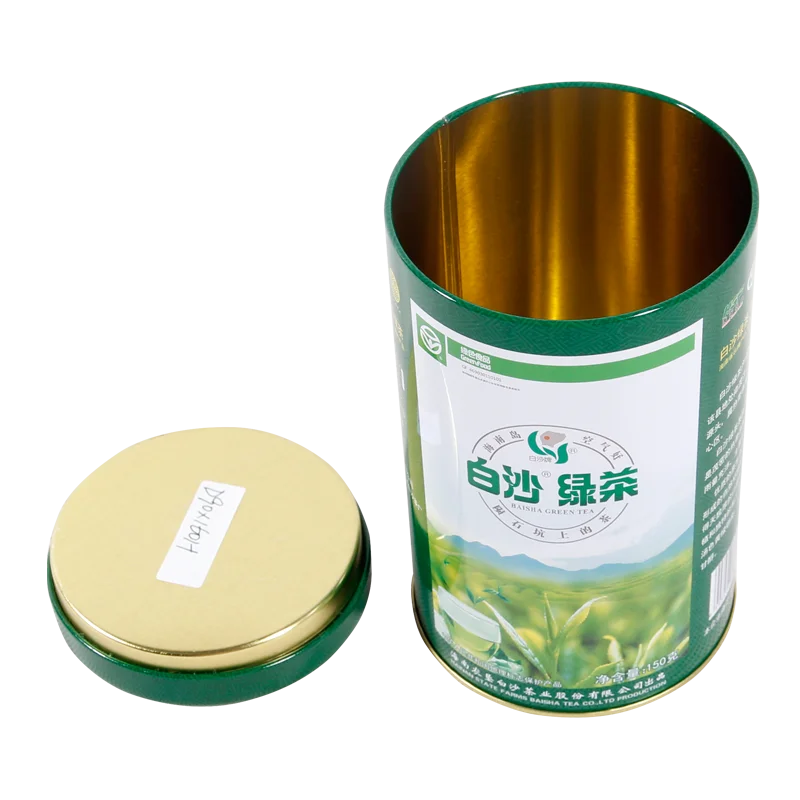 Custom printing design food grade plug lid round green tea tin container