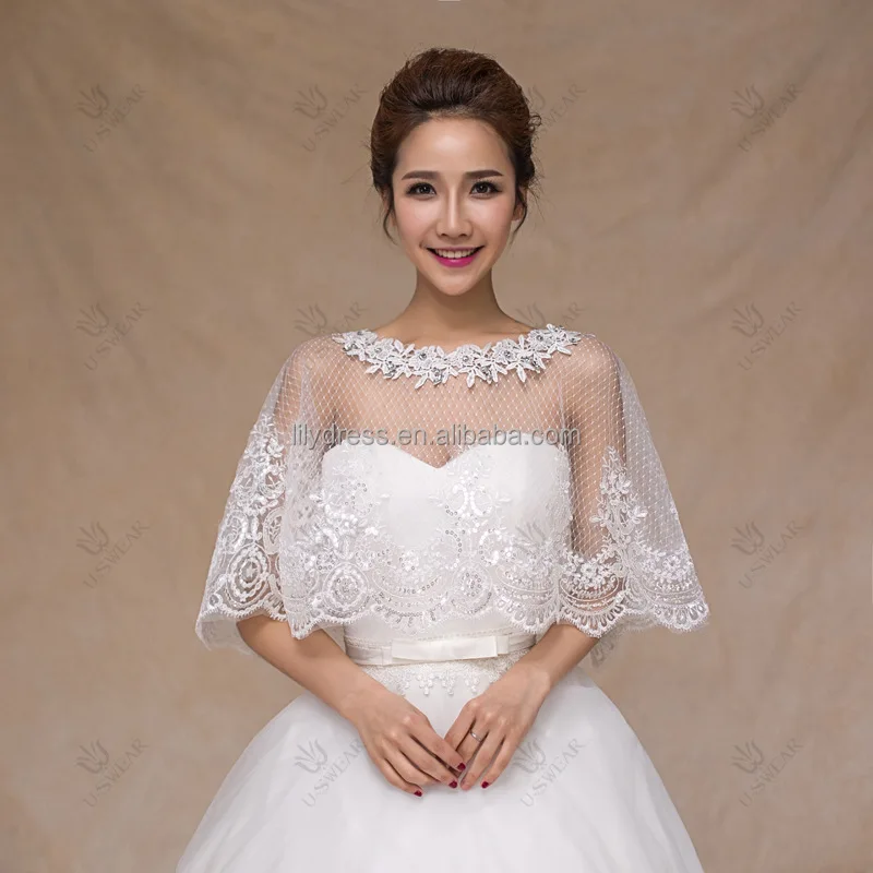 White Lace Round Lace Crystal Neck Brides Cape Bridal Bolero Wedding Jackets Summer Wear PJ1005 Etole Mariage