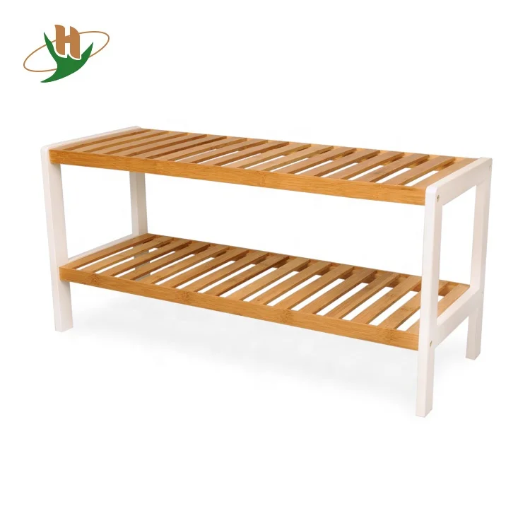 Free stand 2 tier storage shelf design holds up 8 pairs bamboo shoe rack with pine wood frame