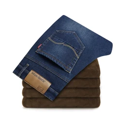 Осенне-зимние мужские эластичные джинсы с ворсом мужская одежда утолщенные плюшевые зимние теплые брюки с поясом прямые облегающие бархатные