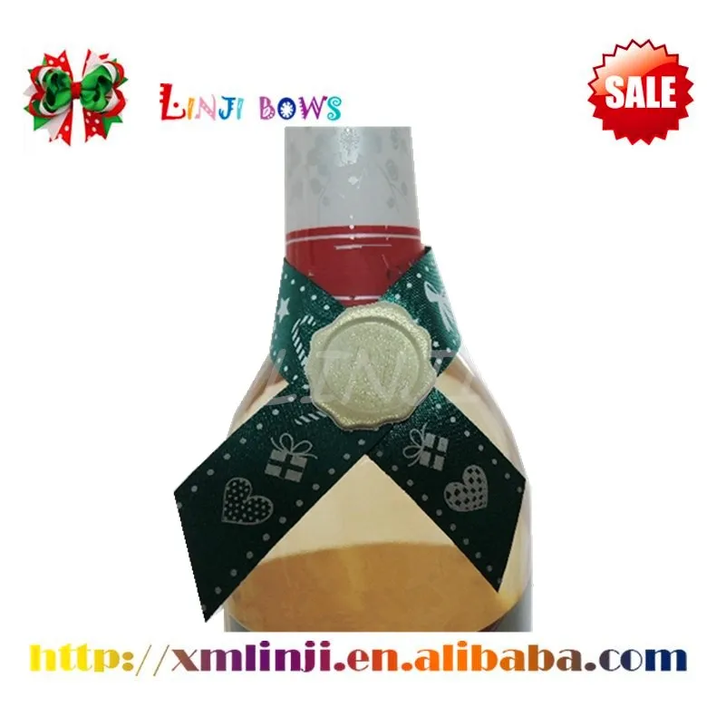wine bottle neck decorative satin ribbon bow with wax seal hang tag label
