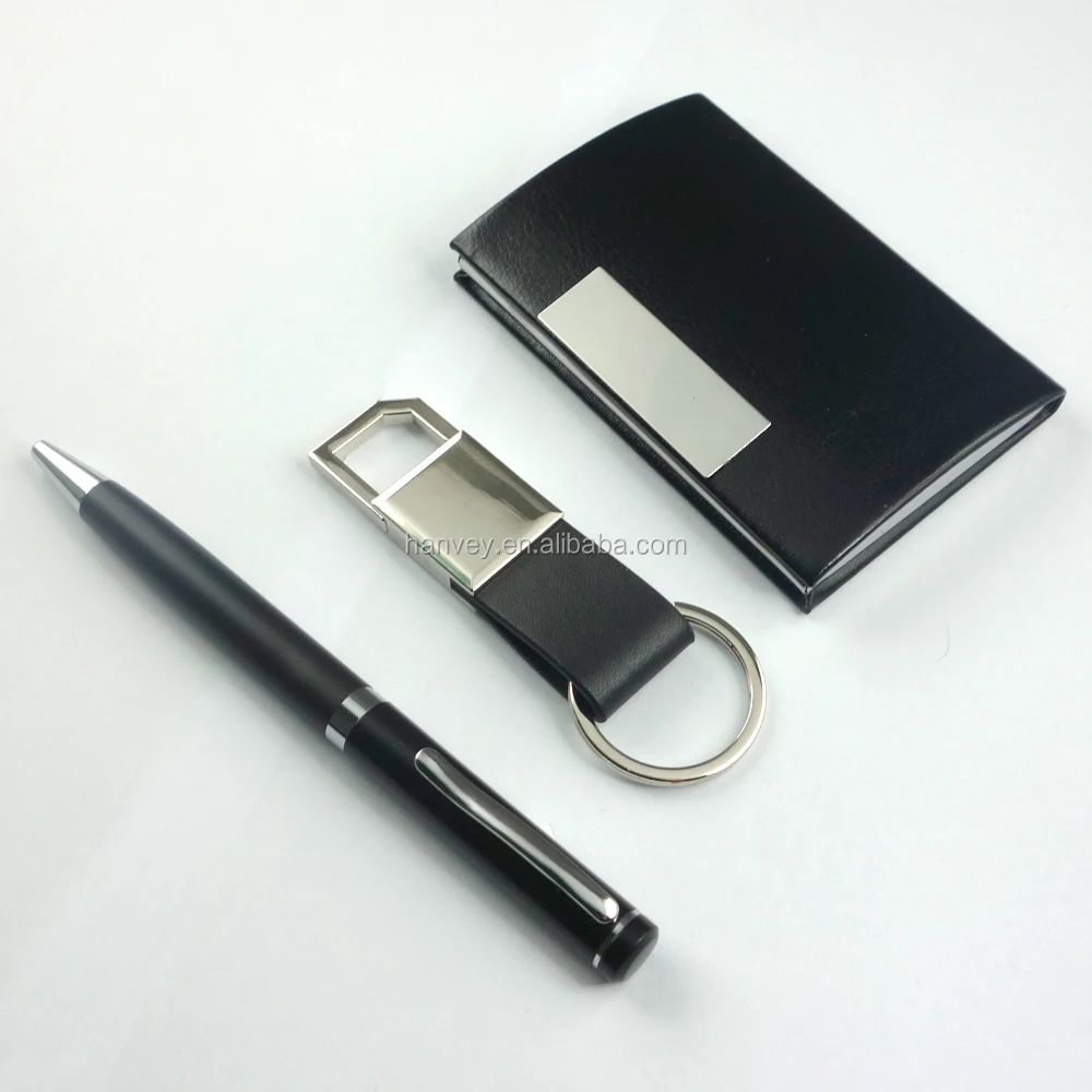 
Factory price wholesale promotion gift luxury custom PU leather card holder pen and keychain business corporate gift set 
