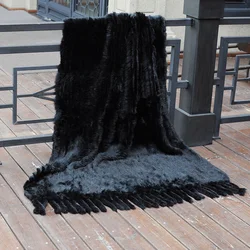 CX-D-20 военно-морской флот 114*190 см ручной вязки мех Пледы из натурального кроличьего меха, одеяло с бахромой