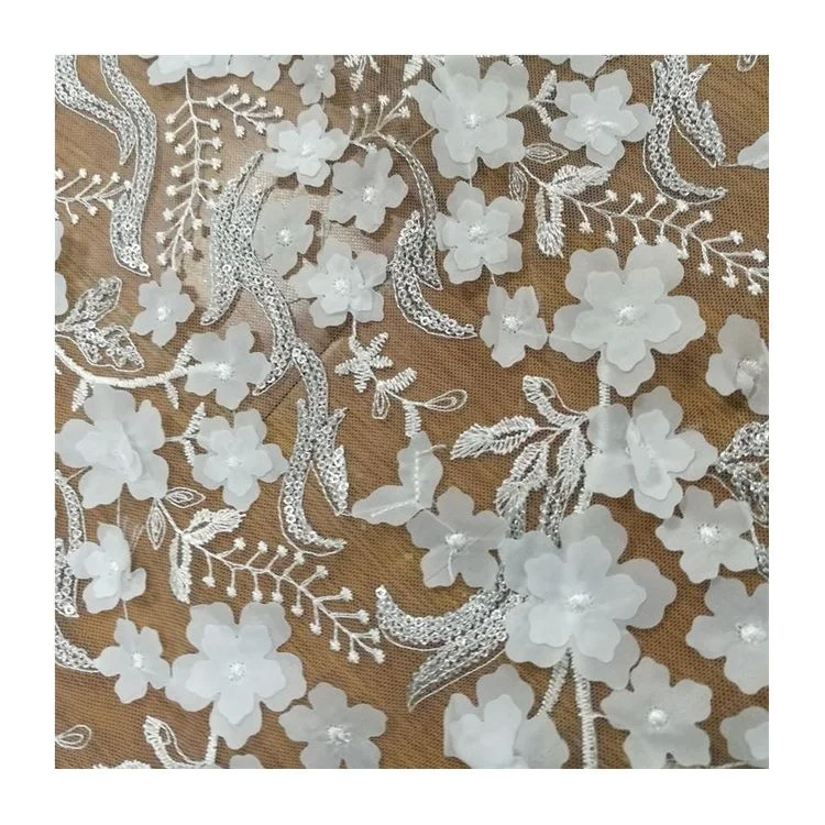 Wholesale White Double Layer 3D Flower Fancy Embroidery Lace Fabric Embroidery Textile For Wedding Dress
