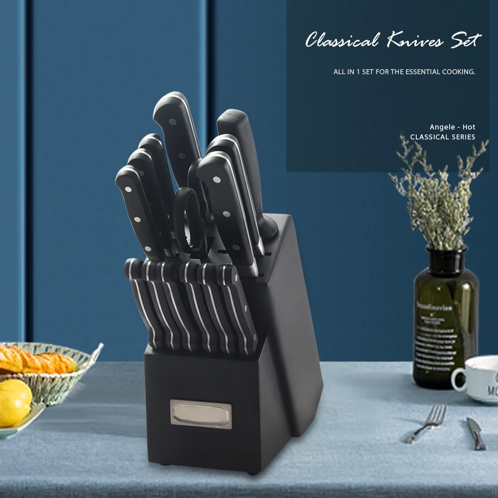 13pcs Kitchen Knife Block Set with Sharpener Stainless Steel Chef Knife with Plastic Handle