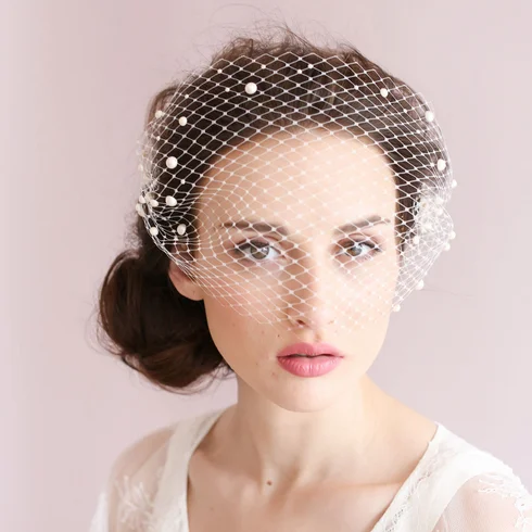 Beaded pearl wedding personalized lace netting vintage ladies birdcage bridal face veil