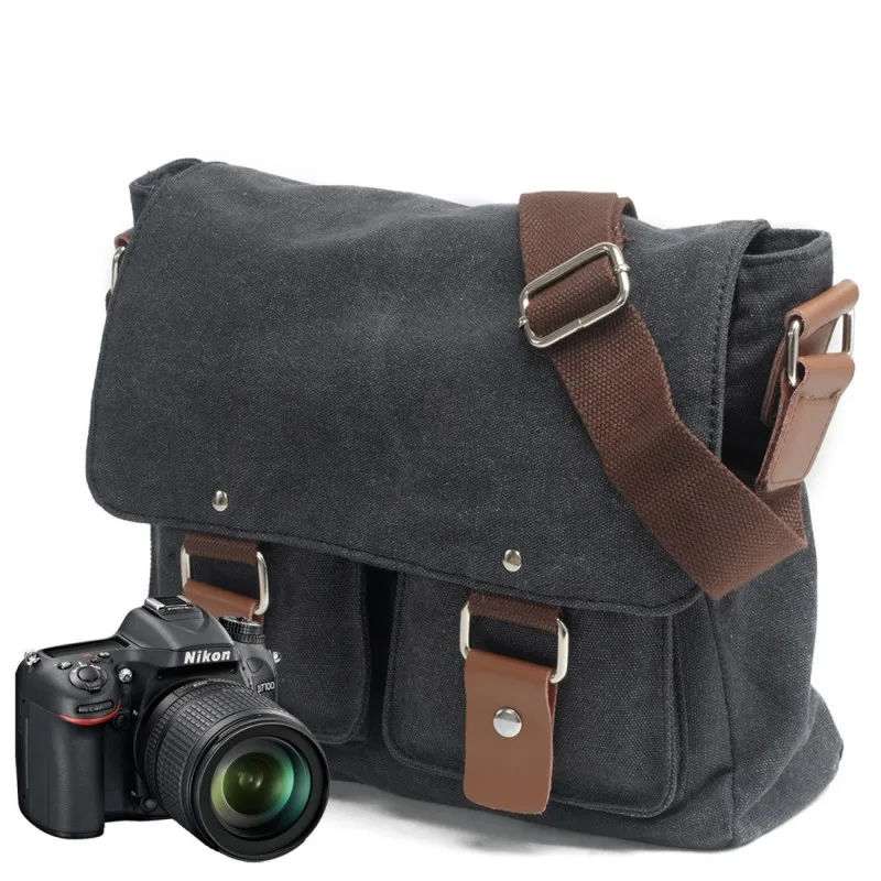 
custom digital large sling shoulder bag messenger vintage leather canvas photography video dslr camera bag 