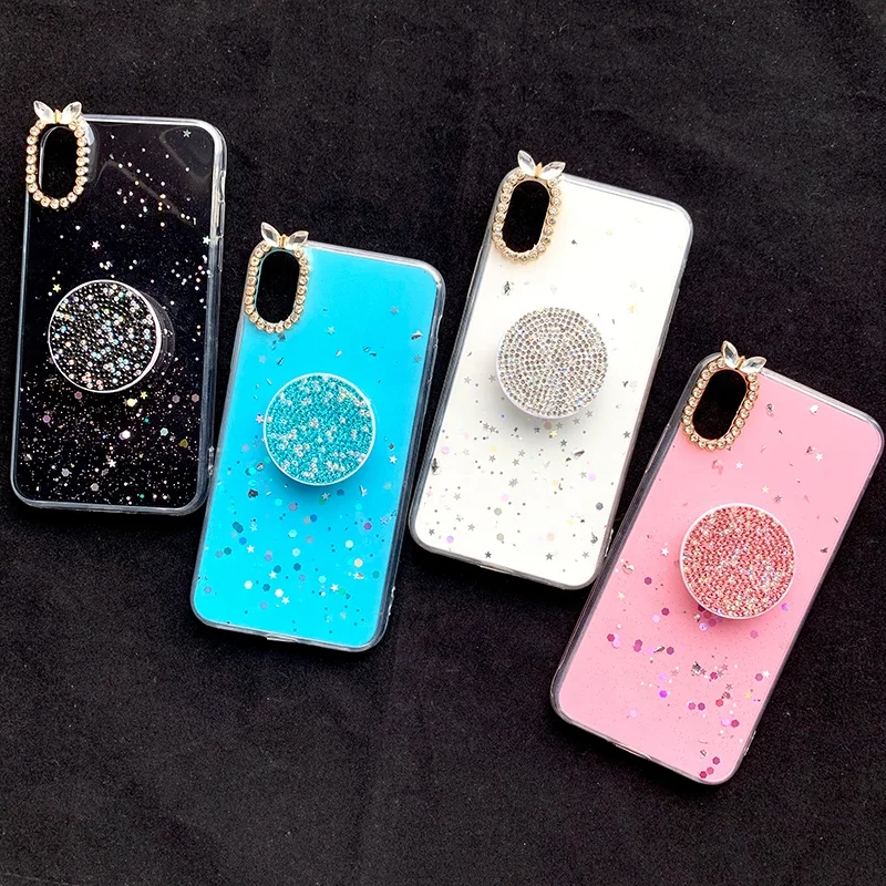 
Hot Sale Acrylic Case with Diamond Airbag Stand Holder Glitter Phone Case For Girls 