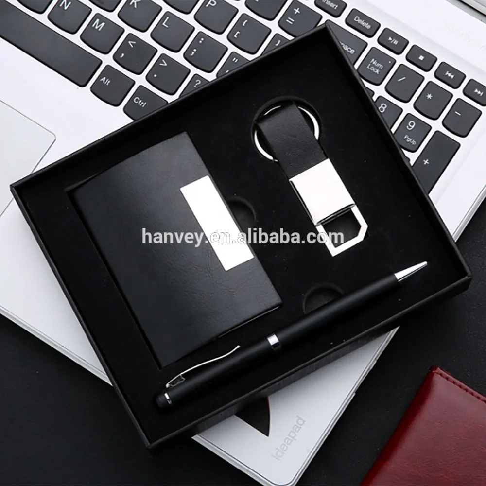 
Factory price wholesale promotion gift luxury custom PU leather card holder pen and keychain business corporate gift set 