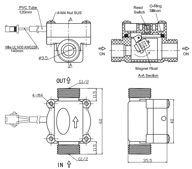 Переключатель потока воды, пластиковый штекер, размер 1/2 дюйма