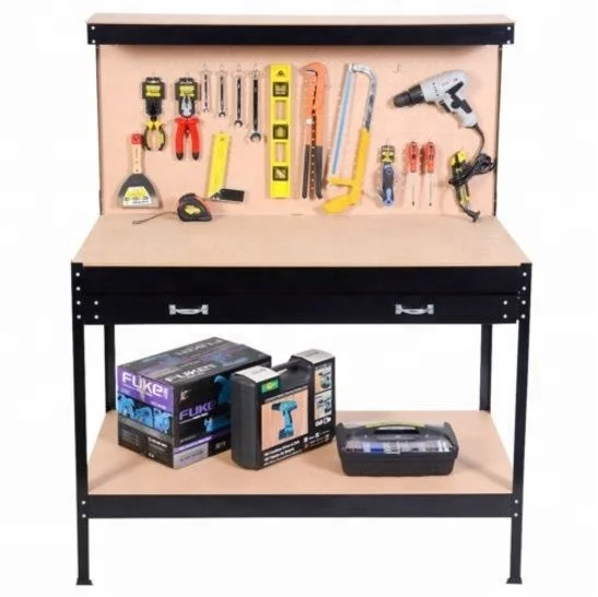 black work bench tool storage steel frame workshop table drawer and peg board