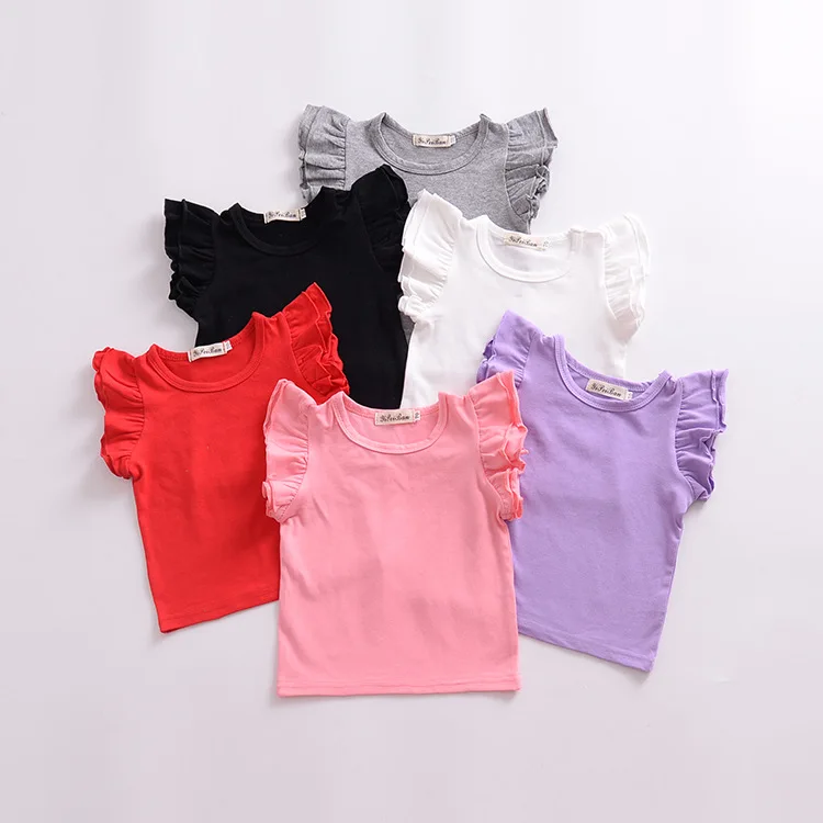 1-6 Years Girls Shirts Flutter Short Sleeve Solid O-neck Baby Girl Clothes Summer MH872
