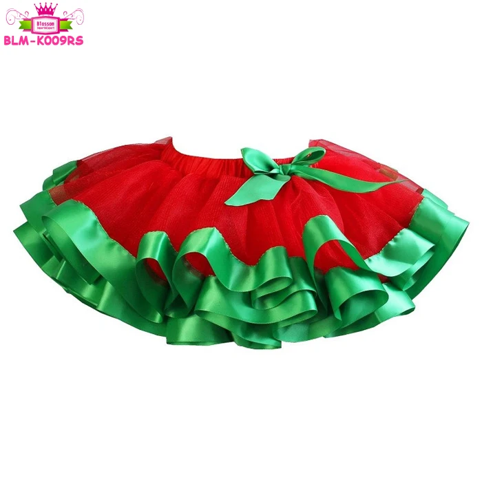 Xmas Kids Chiffon Fluffy Tulle Pettiskirt Red Christmas Baby Girls Tutu Skirt With Green Ribbon Trim