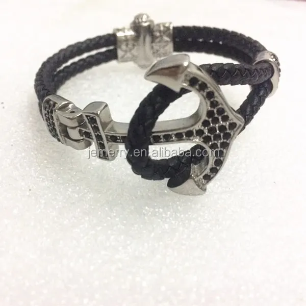 Vintage Genuine Leather Men Bracelet Copper Anchor 316l Stainless Steel Wire Double Layer  Fashion Men Anchor Bracelet