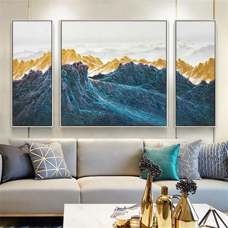 3 pieces Wall Art mountains Peaks Modern landscape birds Gold Art abstract Painting on canvas Blue Original Pictures
