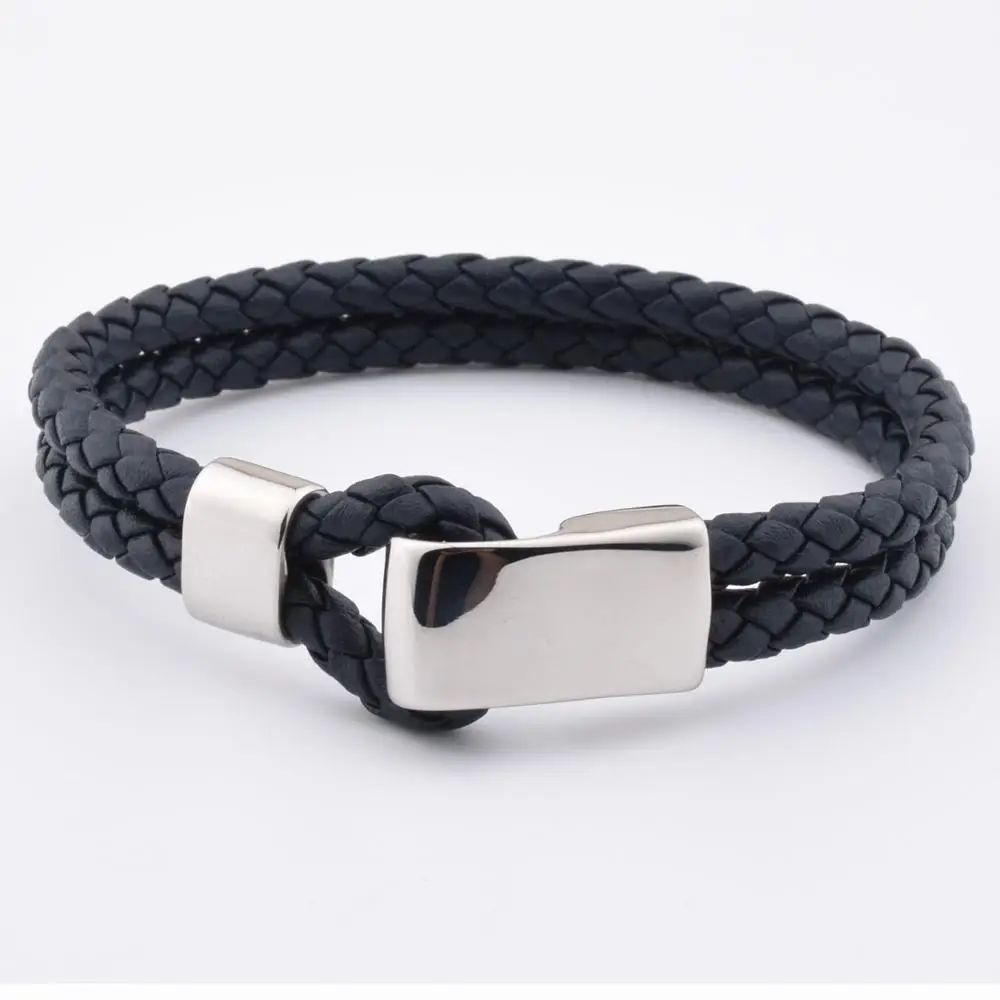 Factory Hot Sale Large Mens Navy Leather Steel Hook Clasp Latest Bracelet For Teenager Men