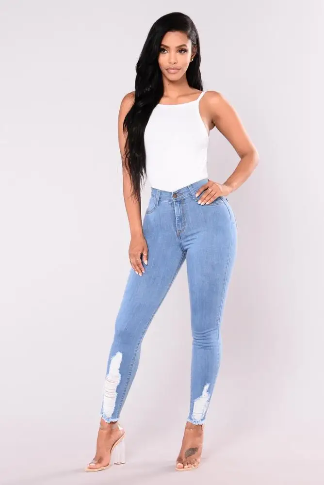 New design high waist stretch skinny denim distressed jeans women