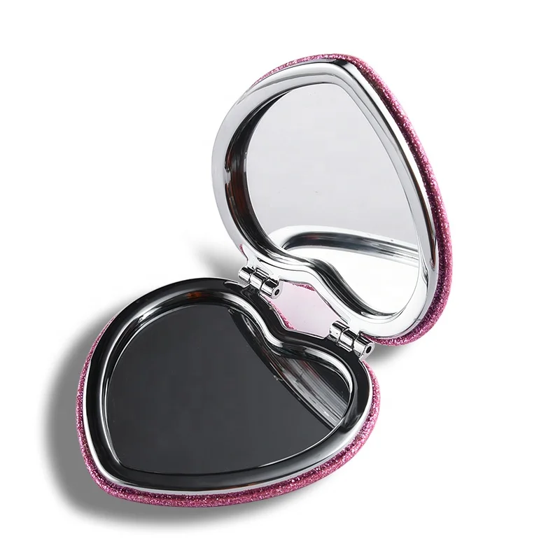 Bling Bling Beauty Red PU Leather Dual Sides Heart Shape Compact Cosmetic Pocket Mirror