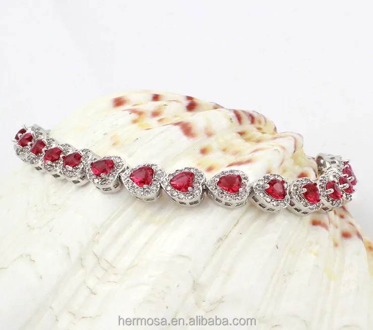 
Hermosa 925 Silver Jewelry Trendy Love Heart Red Garnet Stone Bracelet 