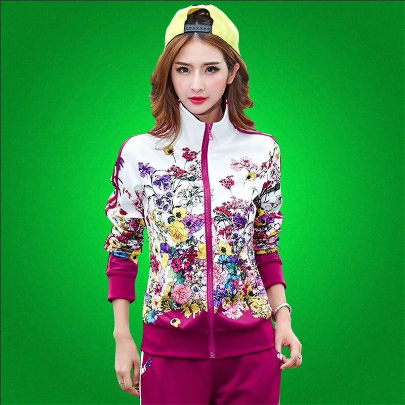 Women Tracksuits Sport Suits 2016 Spring Autumn Fashion Floral Print Leisure Sportwear Two piece Sweatshirt Pants