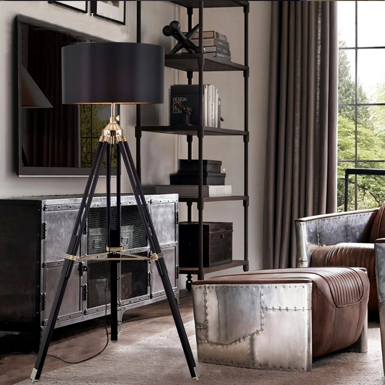 7W e27 european hotel home fabric light shade iron metal industrial vintage wooden floor lamp