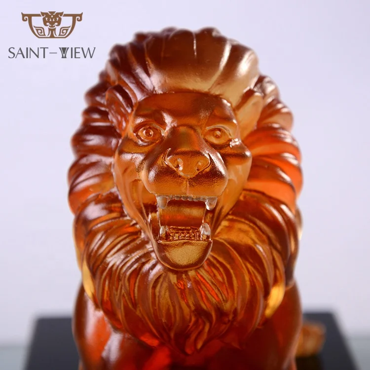Casting Crystal Glass Amber Lion Wild Animal Statue Figurine Home Decor