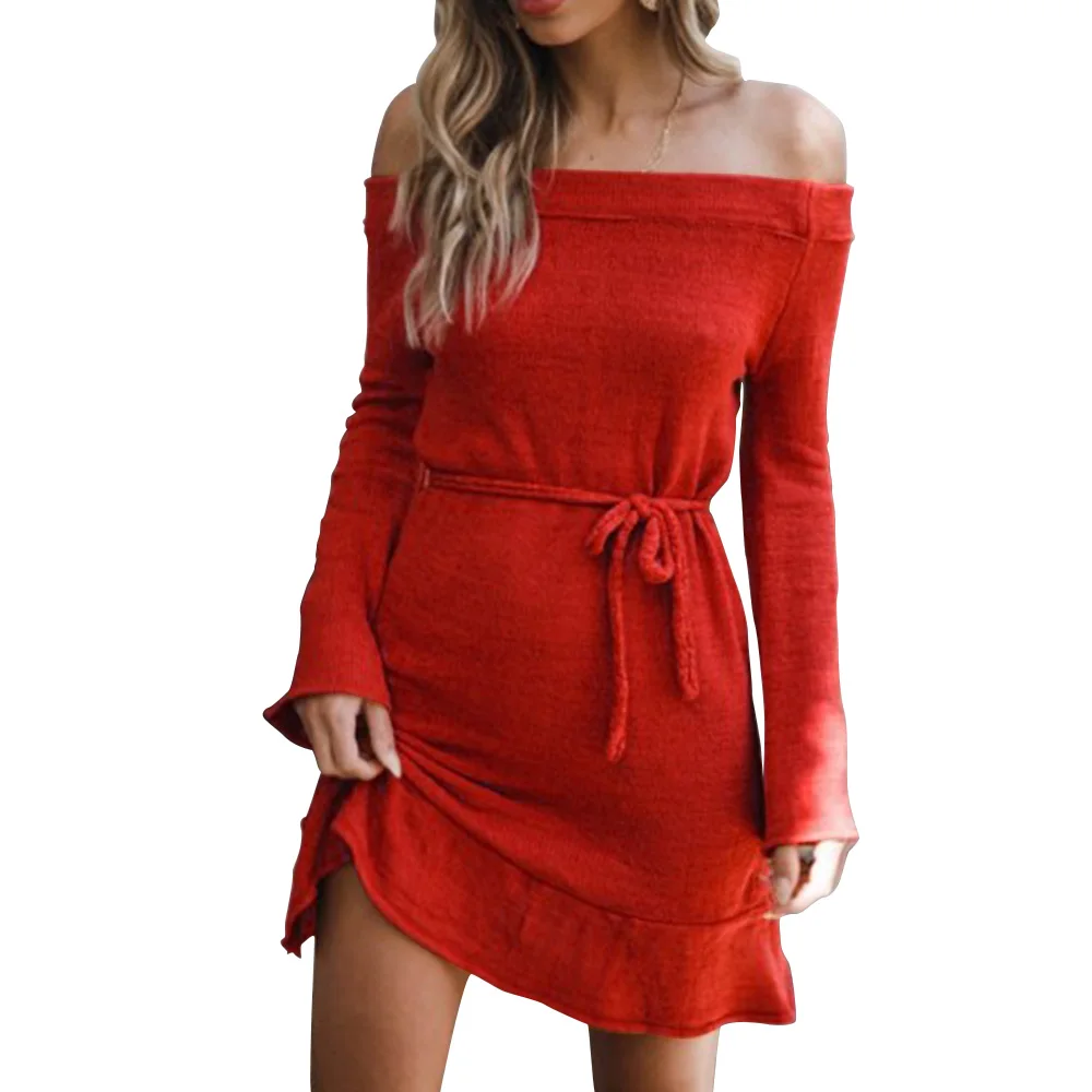 Winter Bodycon Wool One Piece Dress Women/Off The Shoulder Sweater Crochet Dress For Evening Party