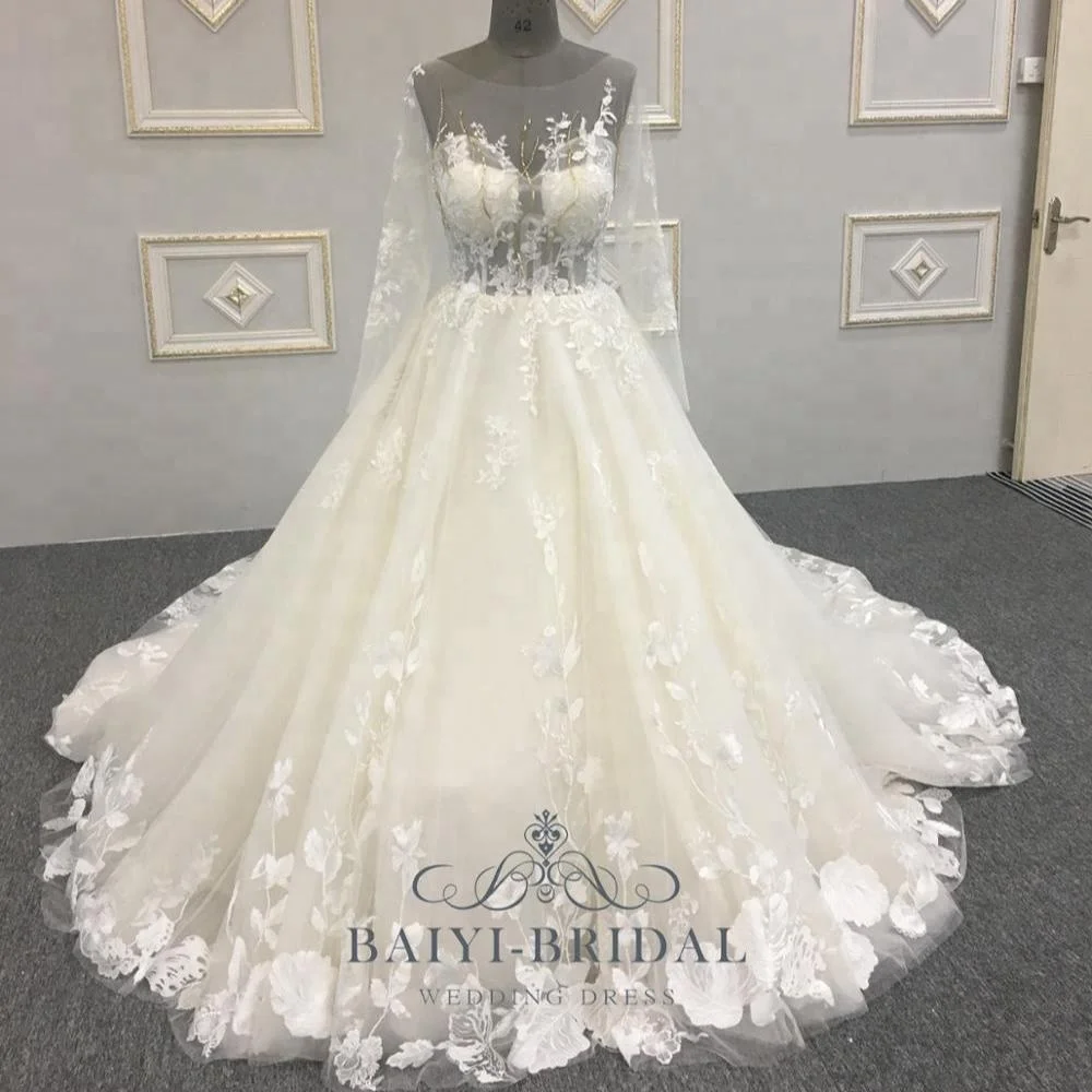 Custom Made Lace Wedding Dress Bridal Gown Golden Crystals Transparent Long Sleeve Bridal Dresses Plus Size Women Dresses