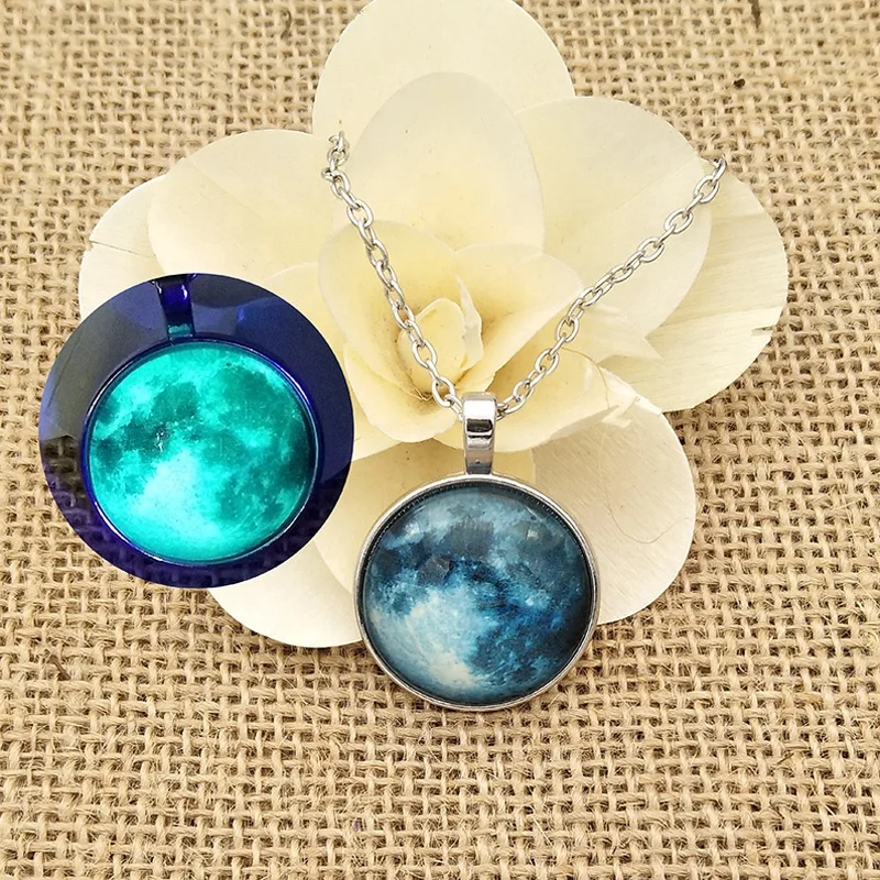 blue full shaped pendant silver moon glow necklace