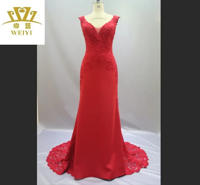 
2019 sleeveless sling wedding dress Elegant temperament Cotta Tail lace Bridesmaid Dresses red v-neck Bride robe evening wear 