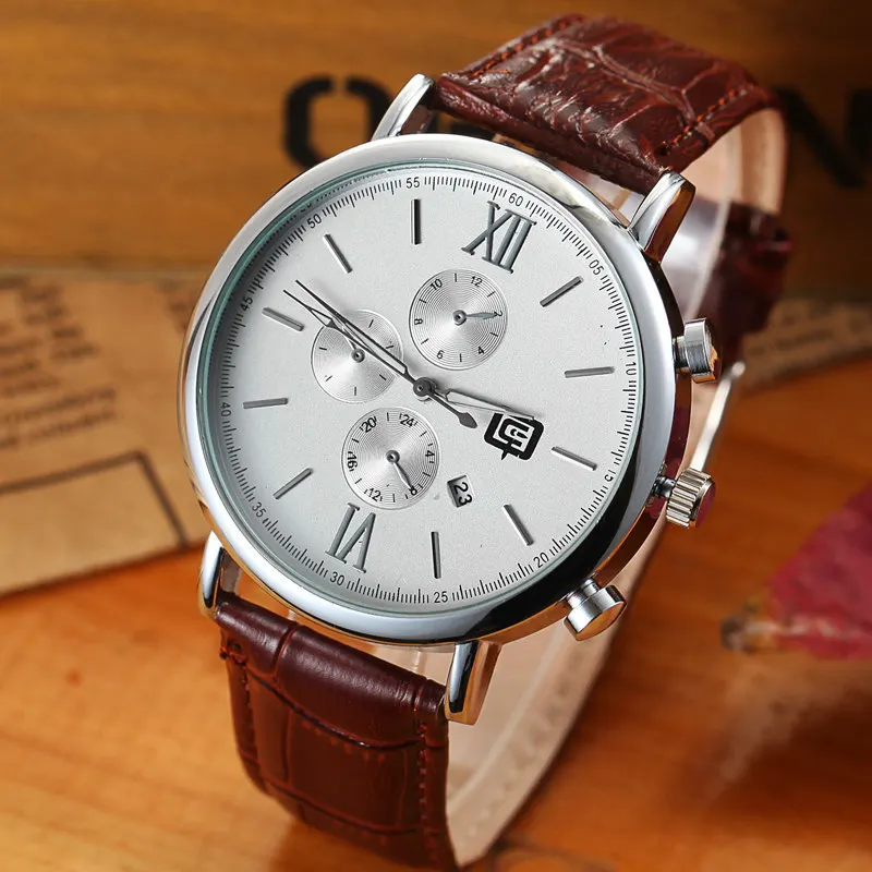 Genuine leather calendar men watches waterproof simple quartz boys watch