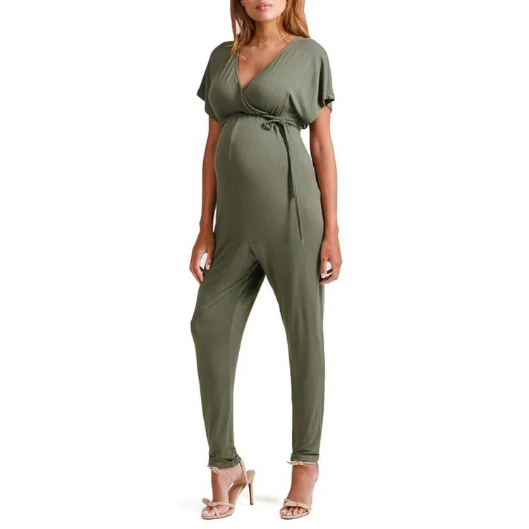 Crossover V neck short sleeve one piece maternity jumpsuit women