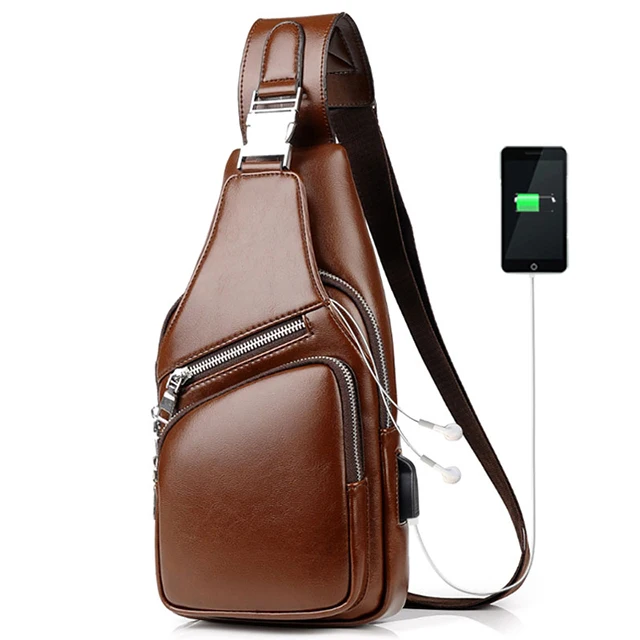 Мужская нагрудная сумка из пу кожи, модный повседневный мессенджер с USB-разъемом для зарядки
